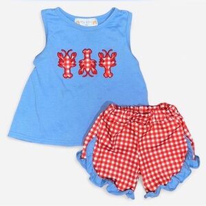Abby & Evie Blue and Red Kids Matching Set with Lobster Design